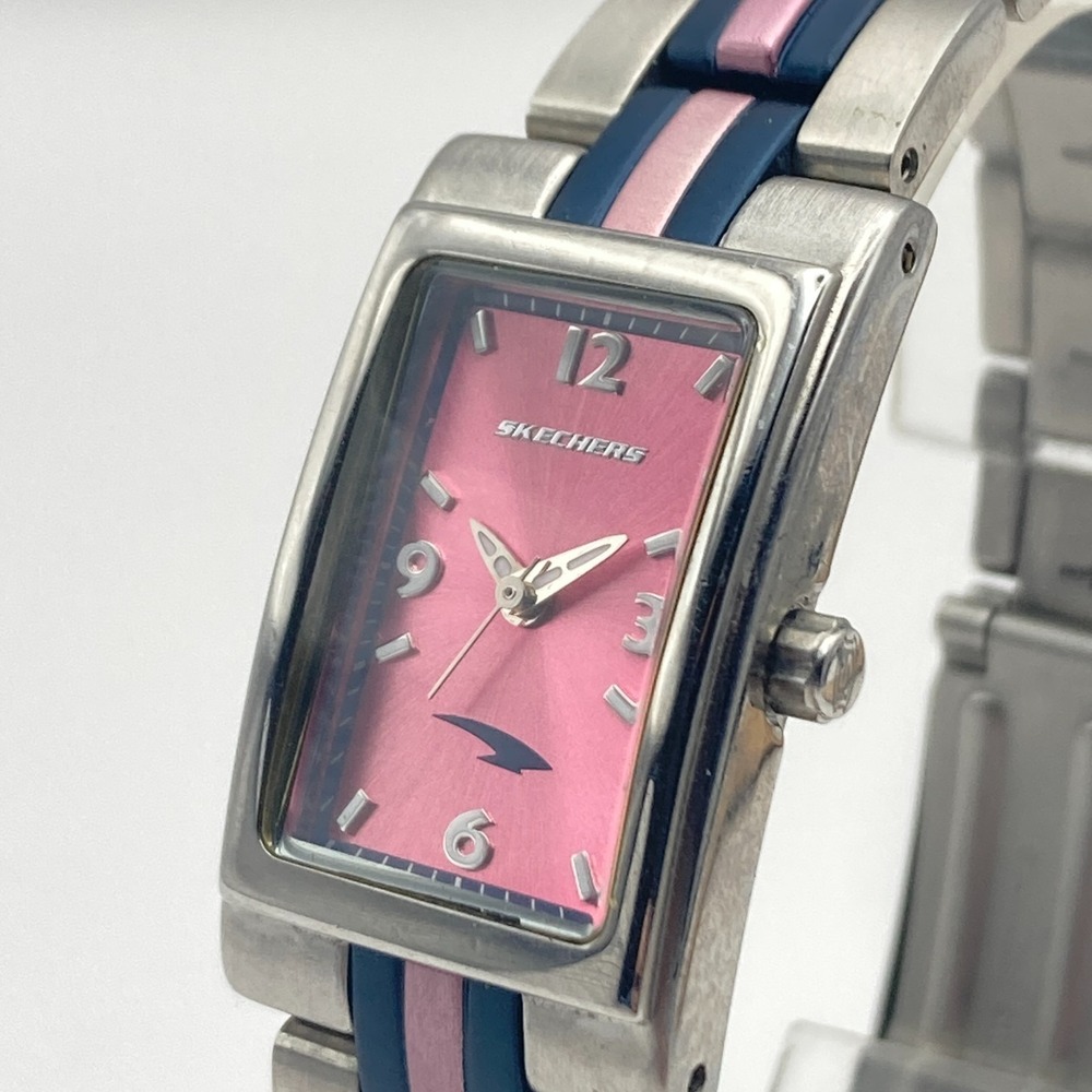Skechers Women's Tank Watch 19mm Silver Tone Pink Blue New Battery 7.25"